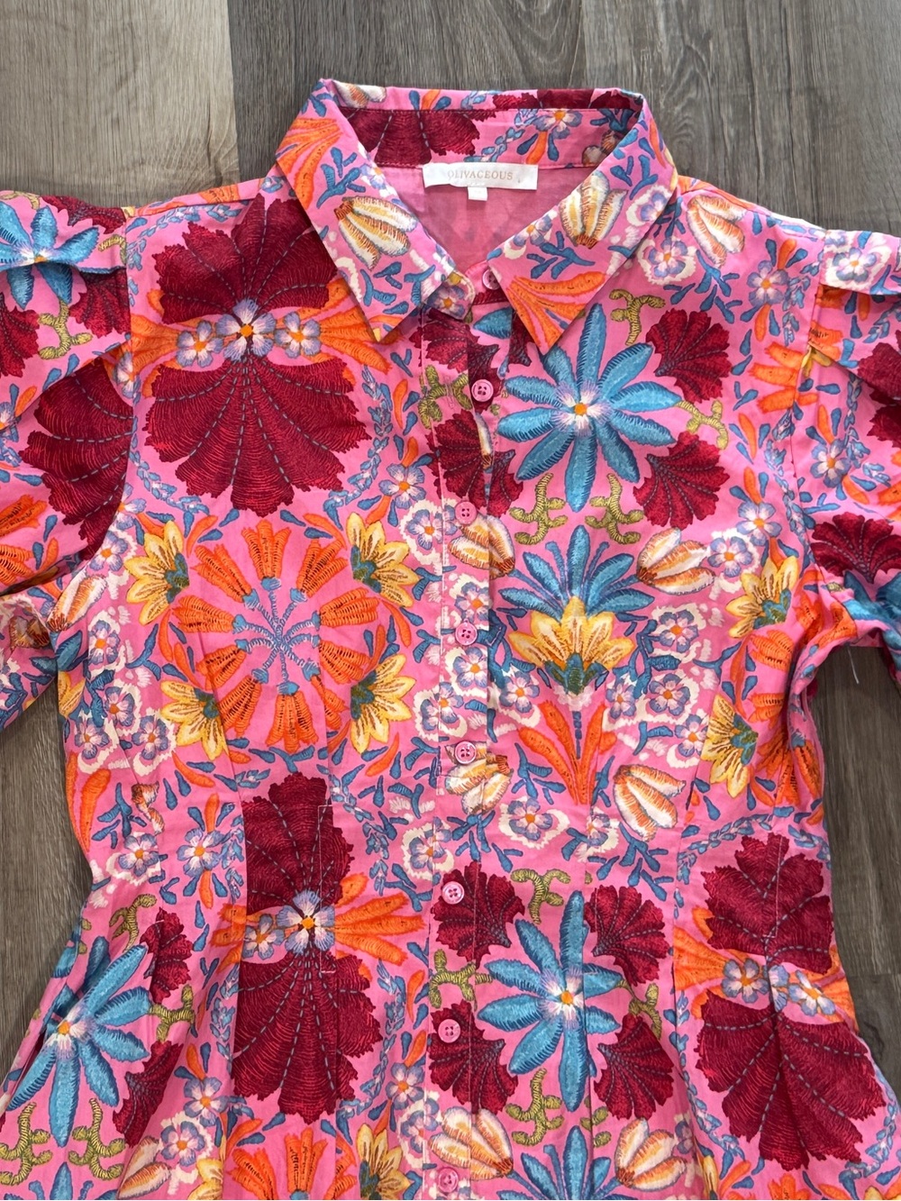 Floral Puff-Sleeve Button-Front Mini Dress in Pink - 100% Cotton - Picture 11 of 11